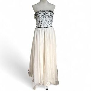 1980s vintage black and white beaded strapless dress with leaf embroidery